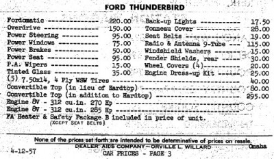 T-bird Option Pricing for Omaha Sales District Apr 12 1957 (from booklet 'Ford Passenger Cars Cash Delivered Prices, Dealers' Aids Company, Kansas City, Missouri, 4-12-57)