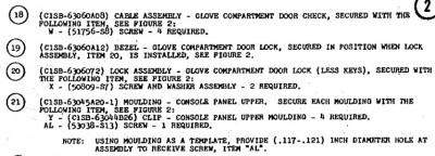 Console/glove box lid parts 18-21 (from 1963 T-bird Body-Trim-Sealer Manual pg 3-4262)