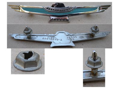 Fig-2. Referencing Ford P/N: C1SB 63606A08-A.  Existing Air Cleaner Ornament with Turquoise Paint  and Self Threading Nut (P/N: 373503-S7-8) currently installed on my M-Code Fig-1A “Beveled Edge.” Ornament and fasteners follow Ford Technical references.