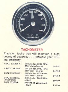 Sun 250-degree sweep tach &amp; 66 Tach listing (from 1966 Ford Accessories brochure)
