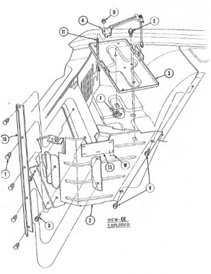 Right Side Radiator Air Deflector-Shield, Battery Heat Shield &amp; Battery Tray + Top Hold-Down (from 1966 T-bird Body Assembly Manual)