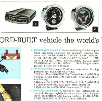 &quot;Flat&quot;/Ribbon Tach, Cobra 9000 RPM-250 degree sweep Tach &amp; Tach Listing and Engine Gauge Kit (from 1968 Ford Accessories brochure)