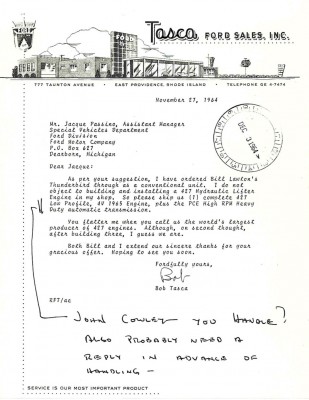Tasca Ford letter for 1965 Thunderbird and 427 engine.jpg
